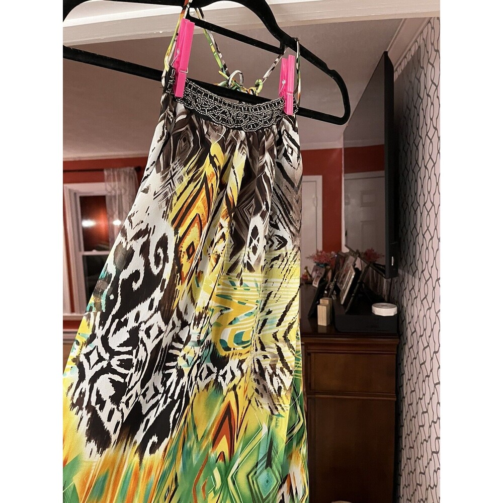 Allen B. Asymmetric Beaded Halter Maxi Dress Sz 10 Tribal Artsy Boho